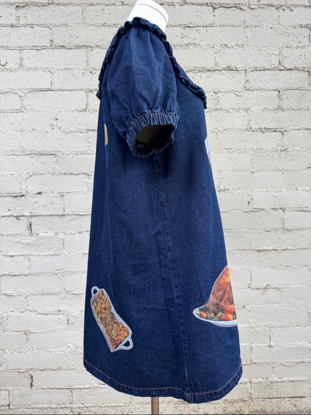 Cider Peter Pan Collar Denim Mini Dress Upcycled Thanksgiving Patches Size M - Picture 6 of 16